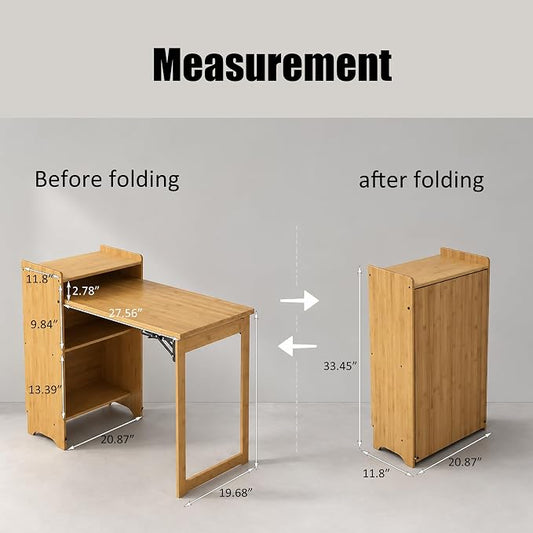 HDDFER Bamboo Folding Desk for Small Spaces,Hidden Desk with Storage Shelf, Foldable Computer Desk for Bedroom Home Office, Mid Century Modern Fold Out Table Writing Table, Natural