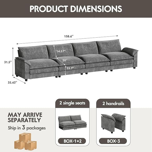 Homall 159" Modular Sectional Sofa, Linear Sofa Couch with Double-Layer Cushion, DIY Combination Chenille Deep 4-Seat Cloud Couch for Living Room, Apartment (Light Grey, Linear Sofa)