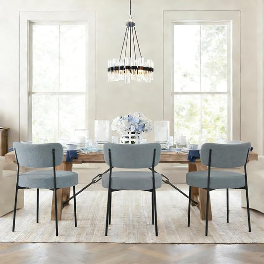 Boucle Dining Chairs Set of 4, Grey Mid Century Modern Kitchen Dining Room Chairs with Curved Backrest and Metal Frame, Round Upholstered Dining Chairs for Kitchen, Living Room