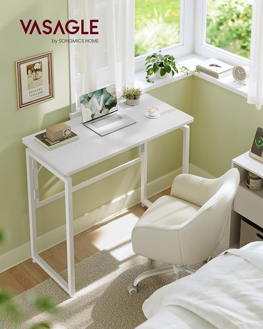 VASAGLE Folding Desk, Foldable Computer Desk, One-Piece Desktop, Rounded Edges, Small Folding Craft Table for Bedroom, Balcony, Camping, Easy Assembly, 31.5 x 15.7 Inches, Matte White ULWD151WF01