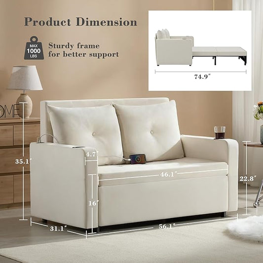 Krcix 3 in 1 Pull Out Couch, 56 Inch Velvet Sofa Bed, Convertible Sleeper Sofa for Living Room, Small Space, Upholstered Loveseat Couch Bed with USB, Cup Holder, Beige