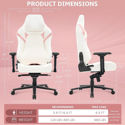 Ergonomic Gaming Chair, Computer Desk Chairs, 4D Armrests, High Back Office Chair with Headrest & Lumbar Pillow, Tilt Rocker Recliner, Heavy-Duty Base, White PU Leather & Pink Suede Comb