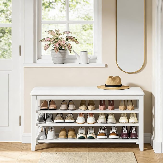 Shoe Rack Bench Entryway Storage with Leather Cushion, Shoe Organizer Bench for Entryway, Ideal for Front Doors Entrances Hallway Mudroom Featuring Rubberwood And 3 Height-Adjustable Removable Shelve