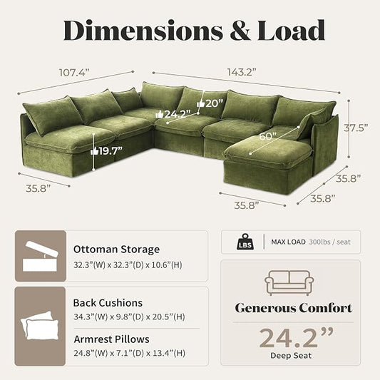 Cloud Modular Hosting Sectional, Oversized Deep Seat Comfort, Luxe Chenille | Fully Removable Washable Covers, Memory Foam Seat Cushions, Storage Ottoman, Premium Fabric