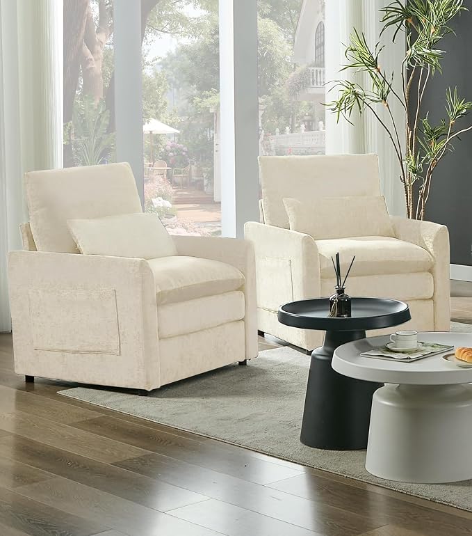 Iroomy Modern Accent Armchair – Cloud-Like Single Sofa with Pocket Spring Seat, Soft Chenille Fabric, Removable Cover, Cozy Lumbar Support for Living Room, Bedroom, Apartment, Beige
