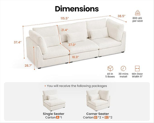 115" Oversized Corduroy Couch Modular Sectional Sofa, Washable Cloud Couch Sectional, 3 Seater Sectional Couches for Living Room, Fully Cover Removable, Basic 3 Seater, Corduroy, White