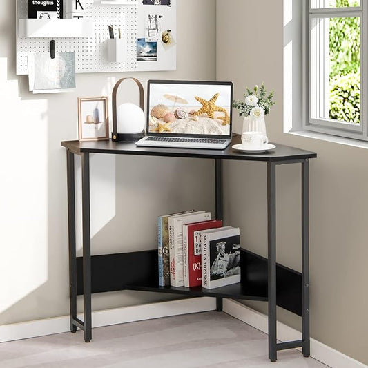 Tangkula Corner Desk with Power Outlet & USB Ports, Triangle Computer Desk with Charging Station, Storage Shelf, Space Saving Writing Desk, Vanity Table, Corner Desk for Small Space (Black)