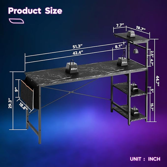 Bestier Gaming Desk with LED Lights, 51.3 Inch Computer Desk with 4 Tiers Reversible Shelves, Gamer Desk with Side Storage Bag, Hooks and Height Adjustable Shelf (Black Marble)