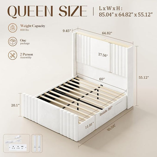 Queen Bed Frame with 55.1" Tall Headboard, Velvet Upholstered Platform Bed with Channel Tufted Wingback, 2 Reading Lights/Storage Shelf/Charging Station/Easy Assembly/Noise-Free, Cream