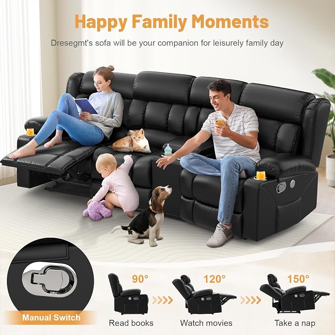 Dresegmt Recliner Sofa Set with Storage Console, Flip Middle Backrest Design 3 Seater Reclining Sofa and 2PC Single Recliner Chair, Manual Couches for Living Room (Black, 3 Seat+Console+1+1)