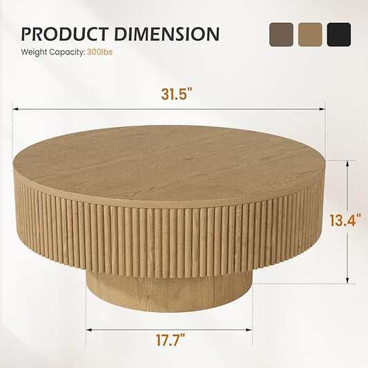 YOUDENOVA 31.5” Round Fluted Coffee Table, Modern Wood Circle Coffee Table, Veneer Handcrafted Relief Tea Table with Sturdy Pedestal for Living Room - Natural