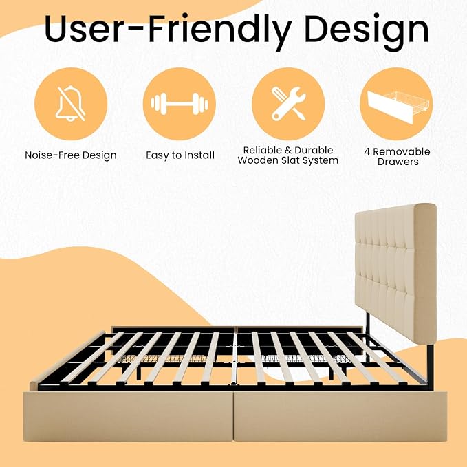 SHA CERLIN Upholstered King Size Platform Bed Frame with 4 Storage Drawers, Adjustable Headboard with Square Stitched Button Tufted Design, Wooden Slat Support, No Box Spring Needed, Beige