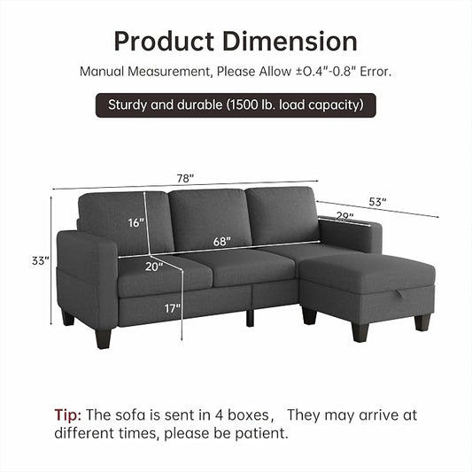 Youmumeub 78" Sectional Sofa Couches for Living Room, 3 Seat L Shaped Convertible Couch with Storage Ottoman, Comfortable Pet-Friendly Linen Sofa Set for Small Space, Apartment, Office, Dark Grey