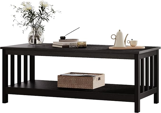 ChooChoo Mission Coffee Table, Black Wood Living Room Table with Shelf, 47 inch