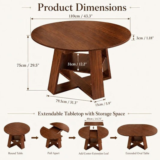 ClinQ 43-59in Extendable Round Dining Table for 4-6, Round to Oval Dining Room Table with Removable Leaves, Space Saving Dinner Table with Storage Shelf, Walnut