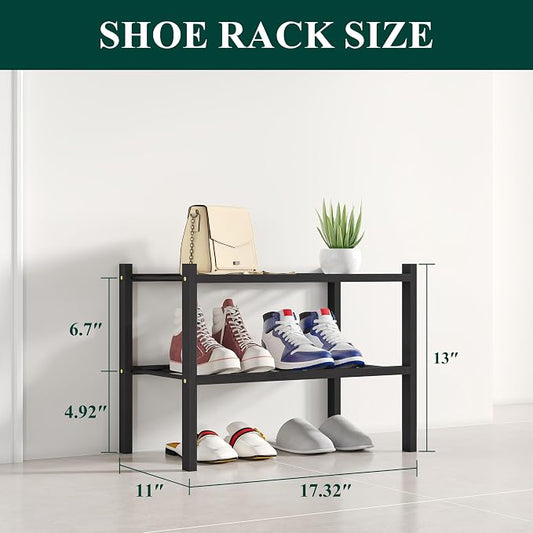 Smiry Small Bamboo Shoe Rack, 2 Tier Free Standing Wooden Shoe Organizer, Stackable Wood Shoe Storage Shelf for Closet, Entryway, 12 Vertical Slats, One-piece Standard Legs, 17.3"x11"x13", Black