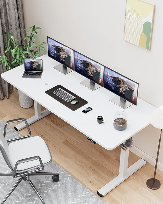 63" Electric Standing Desk Adjustable Height, Sit Stand up Desk for Home Office & Computer Workstation, 2 Memory Height Settings, Splice Board, 2 Hooks, White Frame/White Top