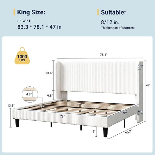 Allewie King Size Bed Frame with Upholstered Wingback Headboard, Vertical Channel Tufted Corduroy Velvet Platform Bed, Strong Wooden Slats Support, No Box Spring Needed,Easy Assembly, No Squeak, White