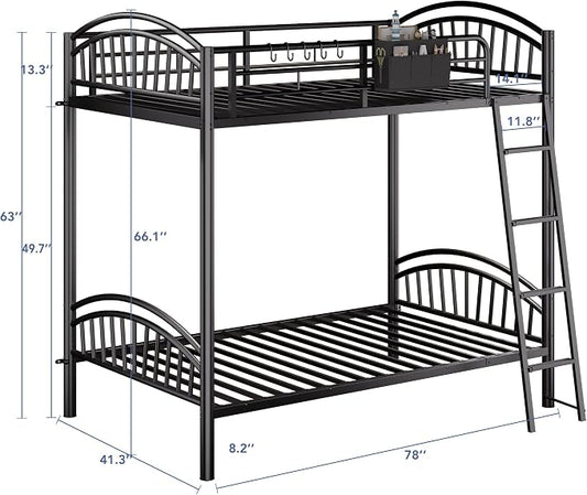 Decofy Metal Bunk Bed Twin Over Twin with Storage Bag, 2 Twin Size Beds with Safety Guard Rails and Anti-tip Nails for Teenager,Girls or Boys (Black) | Convertible Ladder