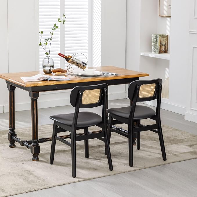 ROCITY Black Dining Chairs Set of 2 Faux Leather Dining Room Chairs with Rattan Back Farmhouse Kitchen Chairs Wooden Side Chairs