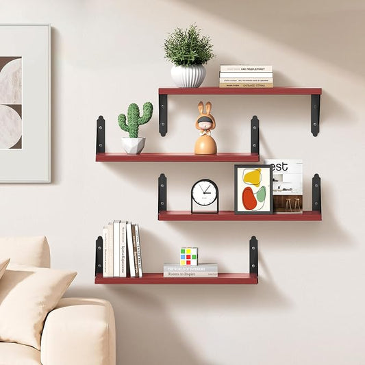 ROMGUAR CRAFT Wood Floating Shelves Set of 4, Rustic Storage Decor Wall Shelves, Wall Mounted Shelf for Living Room, Bedroom 17" x 6", Red