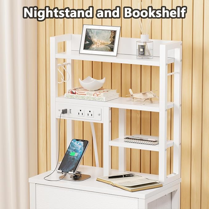 Furnulem Tall Nightstand with LED Lights and 3 Tier Shelves, Night Stand with 3 Fabric Drawers, 45.3inch Tall Bedside Tables with USB Ports and Outlets in Bedroom, Dorm, Office (White)
