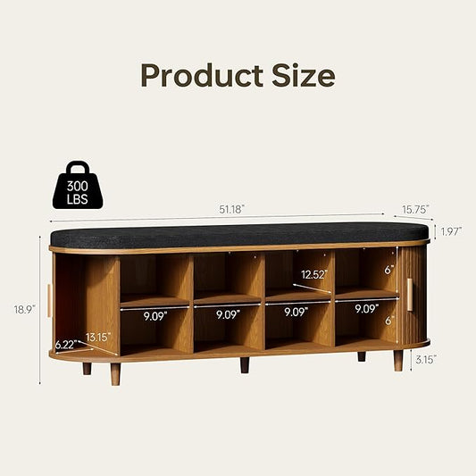 DHH 2-Tier Storage Bench,Wide Shoe Bench with Thickened Padded Seat Cushion, Mid Century Modern Fluted Sliding Door and Adjustable Shelf, for Entryway, Living Room, Bedroom (Yellow Walnut, 51.2”)