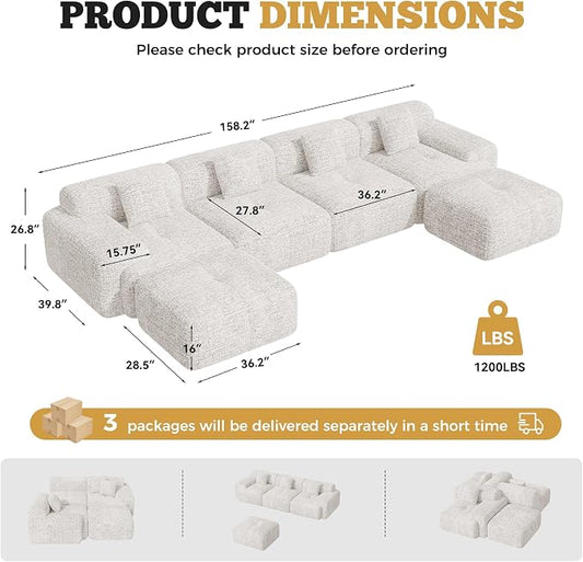 158" U Shaped Boneless Couches for Living Room, 6 Seater Modern Chenille Cloud Couch, Convertible Modular Sectional Sofa Set, No Assembly Required, Beige 1 PCS
