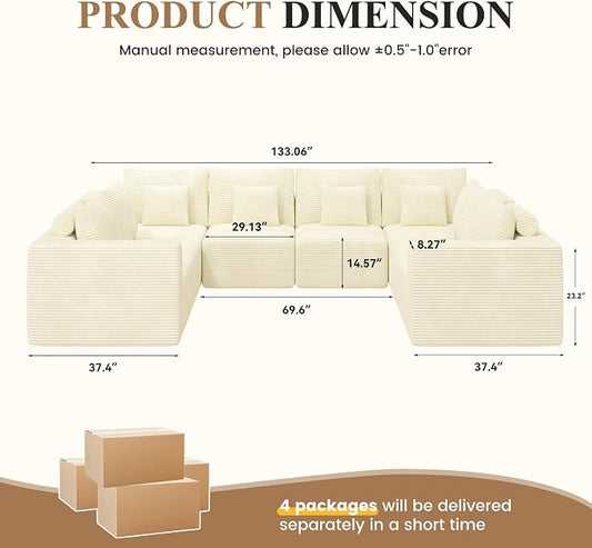 Modern U Shaped Modular Sectional Sofa, Convertible Oversized Cloud Couches for Living Room, Comfy 8 Seater Corduroy Boneless Couch Sofa Set, No Assembly Required, Beige 1 PCS