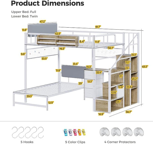 Kikihouse Full Over Twin Loft Bunk Bed with Desk, Stairs, Drawers & Storage Shelves, L-Shaped Metal Bunk Bed with Charging Station & LED Light for Kids, Teens, Adults (Full Over Twin)