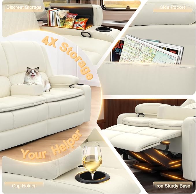 RV Loveseat Recliner Wall Hugger, Manual RV Reclining Loveseat with Removable Armrest, 3X Adjustable Theater Wall Hugger Loveseat Recliners with USB Ports, Cup Holders, Multi-Storage (PU,White)