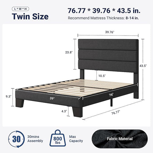 Allewie Twin Size Platform Bed Frame with Fabric Upholstered Headboard and Wooden Slats Support, Fully Upholstered Mattress Foundation/No Box Spring Needed/Easy Assembly, Dark Grey