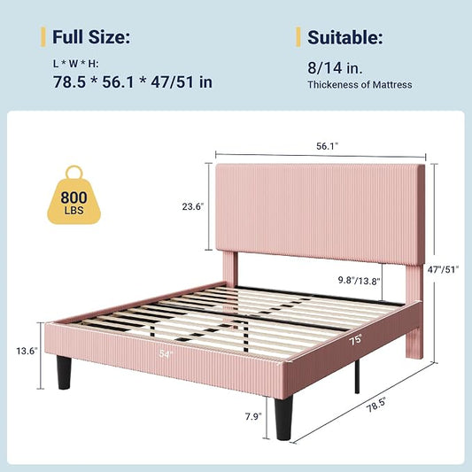 Allewie Full Size Upholstered Bed Frame with Vertical Channel Tufted Headboard, Soft Corduroy Fabric Platform Bed, Strong Wooden Slats Support, Easy Assembly, No Box Spring Needed, Light Pink