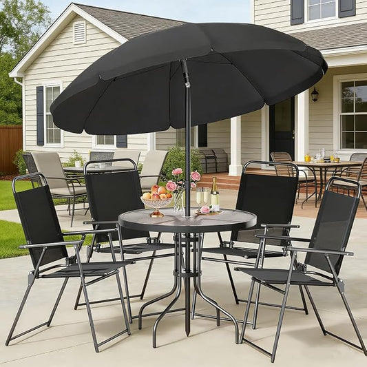 Shintenchi 6 Piece Outdoor Patio Furniture Set, Small Outdoor Patio Dining Table and Chairs Set, Outdoor Seating with Umbrella for Backyard, Balcony, Front Porch, Onyx