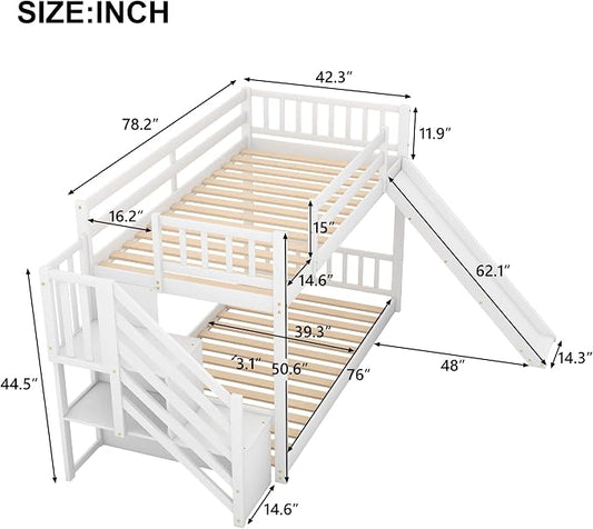 Twin Over Twin Low Bunk Bed with Slide and for Storage Staircase for Teens, Boys or Girls, No Box Sping Needed