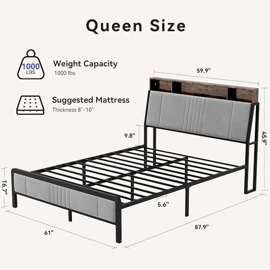 BedsPick Queen Bed Frame with Ergonomic Headboard, Upholstered Metal Platform Bed Queen Size with 2-Tier Storage, Charging Station, Smart LED Lights, Easy Assembly, No Box Spring Needed, Gray