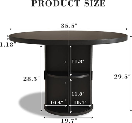 35.5'' Round Pedestal Dining Table, 2-4 Modern Fluted Dining Room Kitchen Table with Storage Shelf, Wood Base Dinner Tables for Kitchen, Breakfast Nook, Small Space, Living Room(Black)