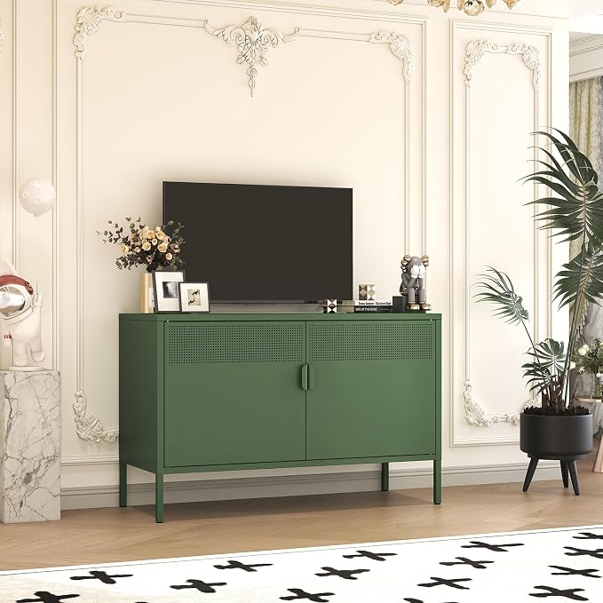 Metal Storage Locker Cabinet with 2 Doors & Adjustable Shelves, 25" Green Accent Furniture, Multipurpose Office Dresser or TV Stand for Home Entryway (Green, 25H)