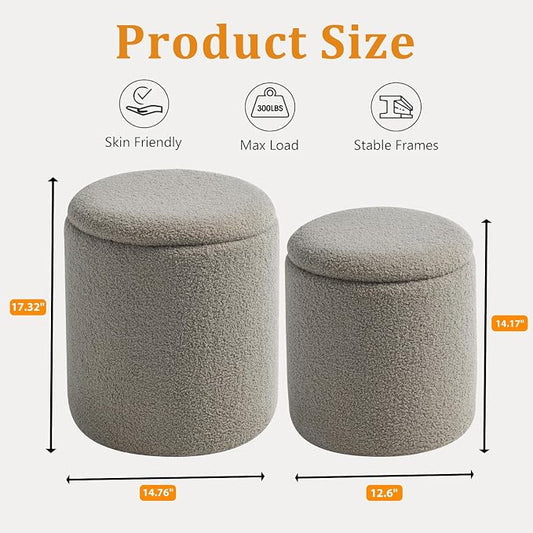 BLEXA Round Ottoman with Storage Set of 2 - Upholstered Sherpa Vanity Stool for Makeup Multifunctional Ottomans Coffee Table Padded Seat Foot Rest for Living Room & Bedroom (Sherpa Gray)