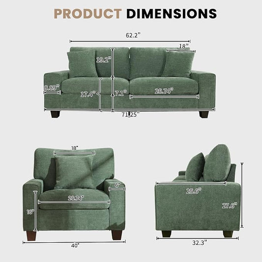DOPEDIO Modern Living Room Sofa Set, 71.25" Chenille Loveseat with 2 Accent Chairs, Removable Covers, Spring Cushions, Solid Wood Frame, Easy Assembly(71.25inch+2 Single,Green)