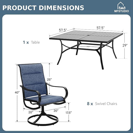 MFSTUDIO Patio Dining Set for 8, Outdoor Dining Set with Umbrella Hole, 9 Piece Outdoor Patio Furniture Set for Deck/Backyard/Poolside/Garden