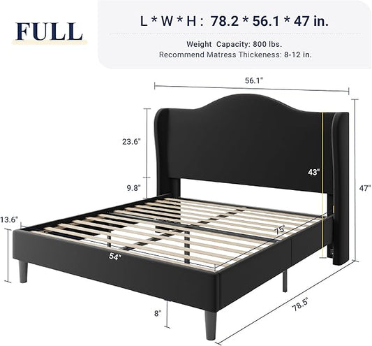 Allewie Full Size Bed Frame, Upholstered Wingback Platform with 47" Tall Tufted Headboard, Plush Velvet Fabric, Modern Minimalist Design, No Box Spring Required, Tool-Free Assembly, Black