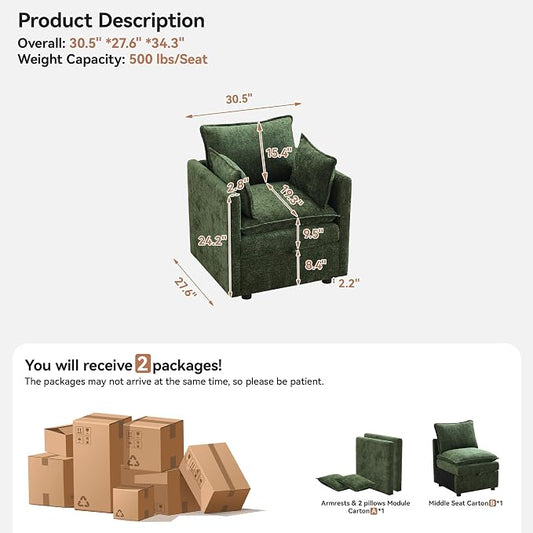 30" Cloud Modular Single Sofa Chair with Storage, Modern Upholstered Accent Chair Deep Seat, Chenille Reading Lounge Armchair for Living Room, Bedroom, Small Space, Green
