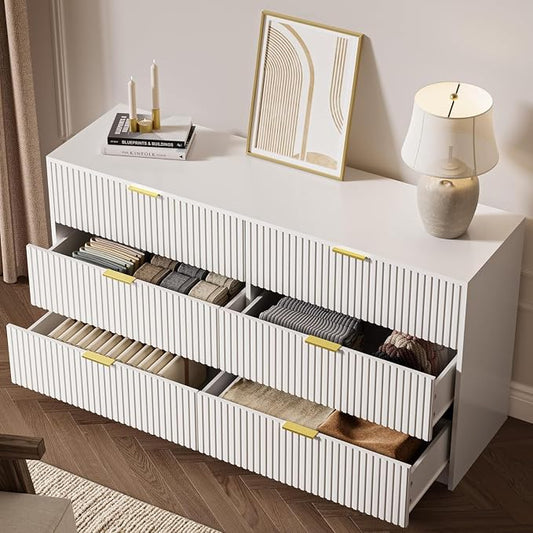 MAISONARIA 3-Piece Dresser Bedroom Set, 6 Drawer Dresser & 3 Drawer Nightstands with Gold Handles, Fluted Wood Chest of Drawers for Bedroom, Living Room, Entryway, White