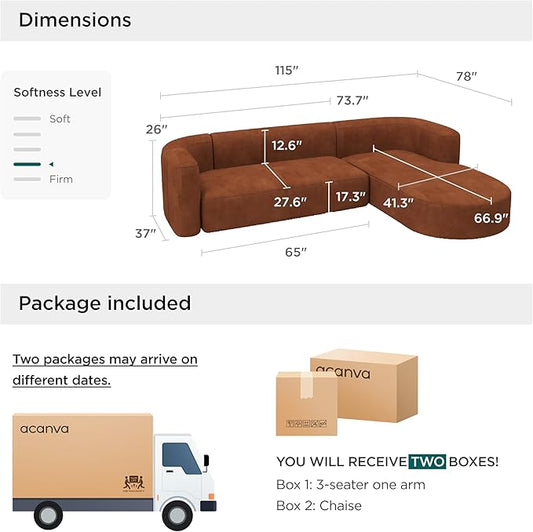Acanva Luxury Modern Tight Curved Back Velvet Sofa, Minimalist Style Comfy Couch for Living Room Apartment, L-Shape Right Chaise, Tangerine