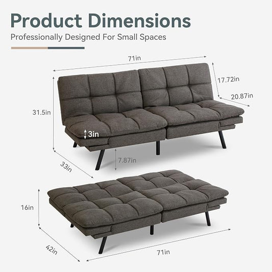 Futon Sofa Bed Convertible Couch, Grey Linen Sofa Bed with Memory Foam, Adjustable Backrest & Armrests, Multifunctional Small Loveseat Sleeper Sofa for Living Room, Apartment, Office