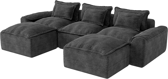 Hobestluk 120" Cloud Modular Sectional Couch 3-Seater Sofa with Ottomans U Shaped Couches Deep Seat Boneless Sofa Large Sofa for Living Room (Dark Grey, 3-Seater Sofa with Two Ottomans)
