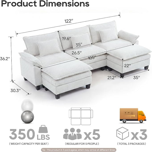 URRED Oversized Modular Sectional Sofa, 122" U Shaped Modern Comfy Cloud Couch with Movable Ottoman & Pillows, Deep Seat Couches for Living Room, Bedroom or Apartment (Corduroy Beige, 122" U Shaped)