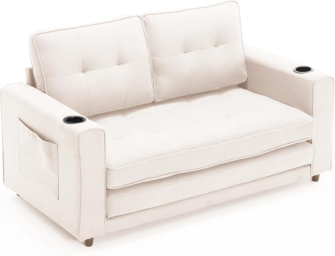ERYE Foldable Loveseat Sofa Convertible Pull Out Sleeper Sofabed,2 Seat Tufted Upholstered Sofa Modern Convertible Sleeper Couch Bed with Cupholders and Side Pockets