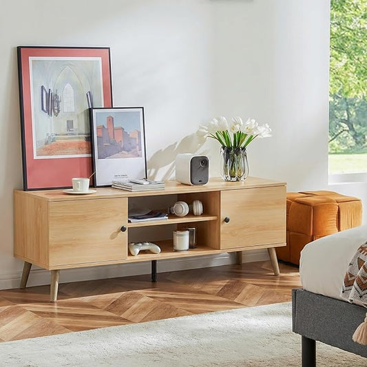 Sweetcrispy TV Stand for 55 60 inch TV, Modern Mid Century Entertainment Center with Storage, Media Console Table 2 Cabinet, Soft Hinge, Handle Door, Wooden Living Room, Office Furniture, Oak